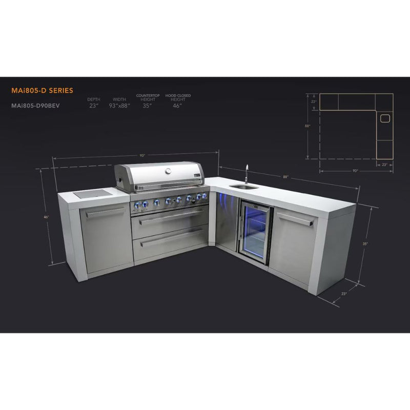 Mont Alpi MAi805-D90BEV 6-Burner Deluxe Outdoor Kitchen Island with 90-Degree Corner & Beverage Center