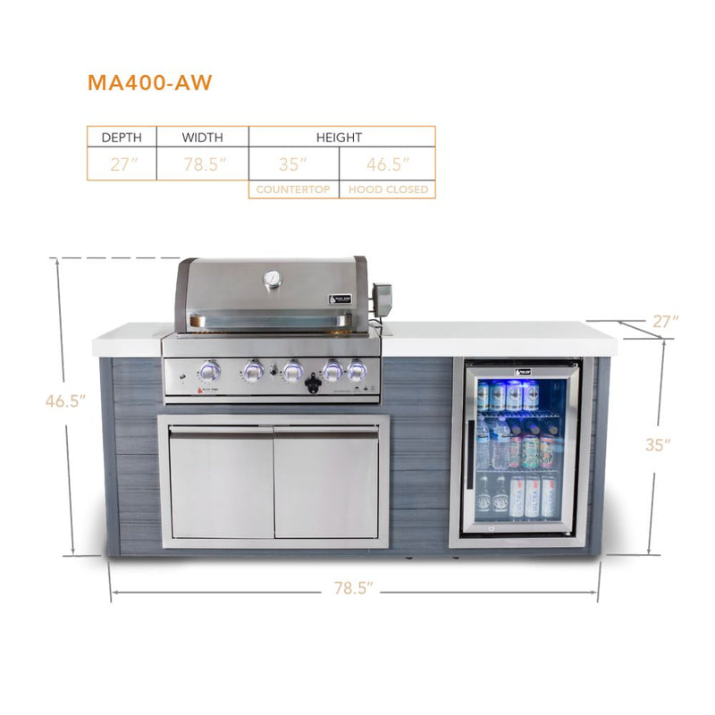 Mont Alpi Stainless Steel 4-Burner Artwood Propane Island with Refrigerator