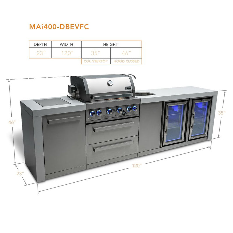 Mont Alpi MAi400-DBEVFC Propane 4-Burner Deluxe Island with Beverage Center & Fridge Cabinet