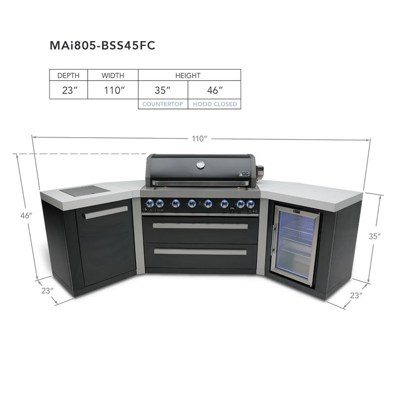 Mont Alpi MAi805-BSS45FC Black, Propane 6-Burner Island with 45-Degree Corners & Fridge Cabinet