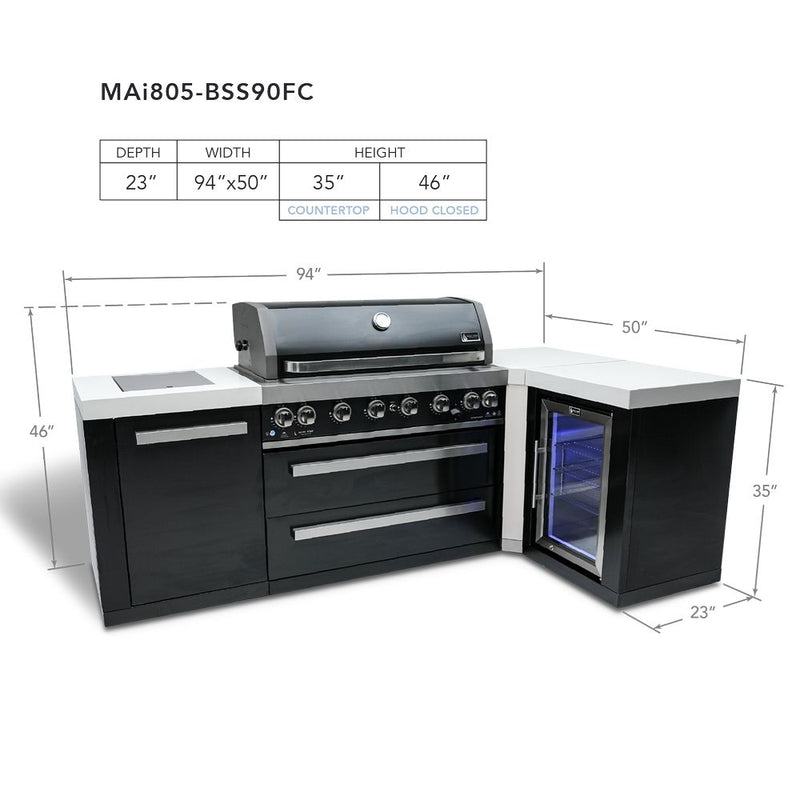 Mont Alpi MAi805-BSS90FC Black, Propane 6-Burner Island with 90-Degree Corner & Fridge Cabinet