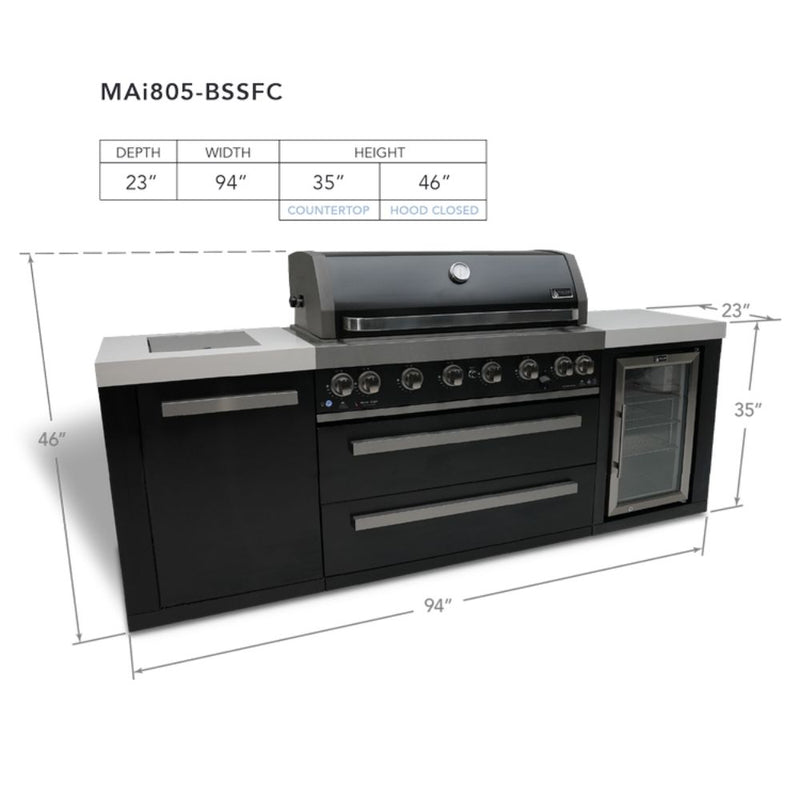 Mont Alpi MAi805-BSSFC  Black Stainless Steel Island with 6-Burner Grill & Fridge