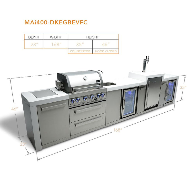 Mont Alpi MAi400-DKEGBEVFC Propane 4-Burner Deluxe Island with Kegerator, Beverage Center & Fridge Cabinet