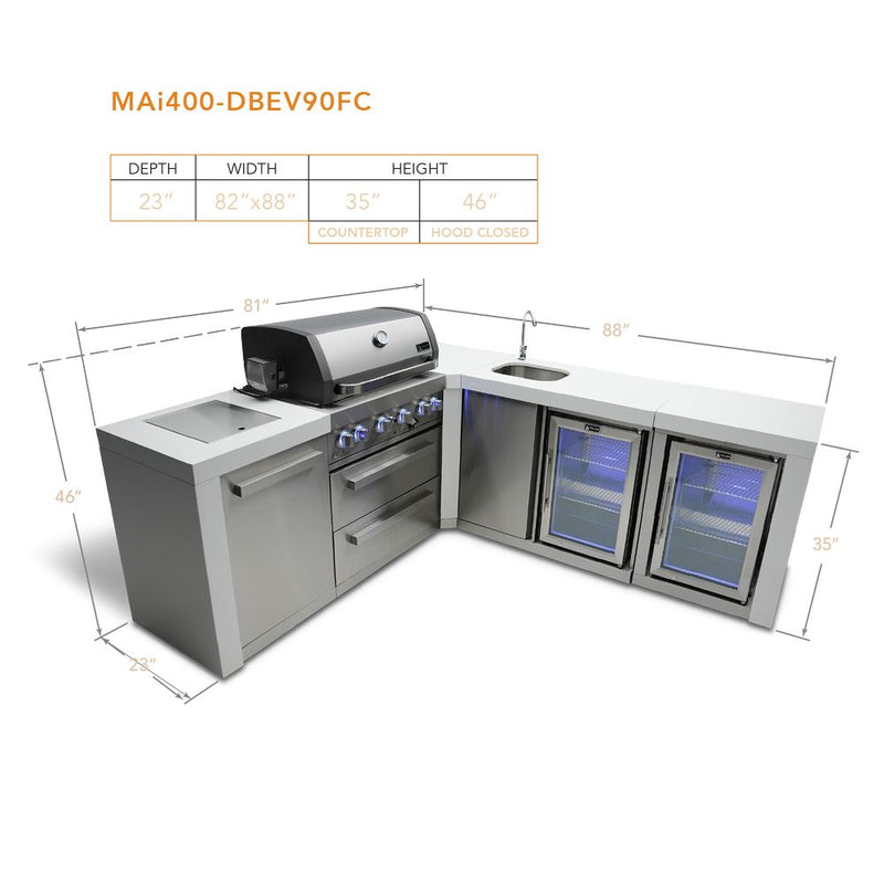 Mont Alpi MAi400-D90BEVFC Propane 4-Burner Deluxe Island with 90-Degree Corner, Beverage Center & Fridge Cabinet