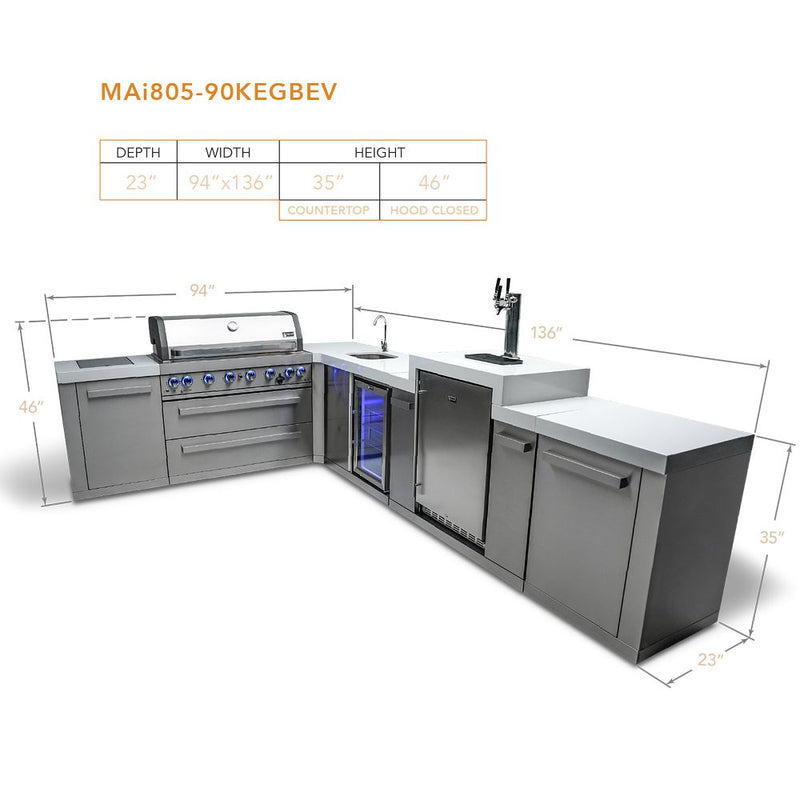 Mont Alpi MAi805-90KEGBEV 6-Burner Island with 90-Degree Corner, Kegerator & Beverage Center