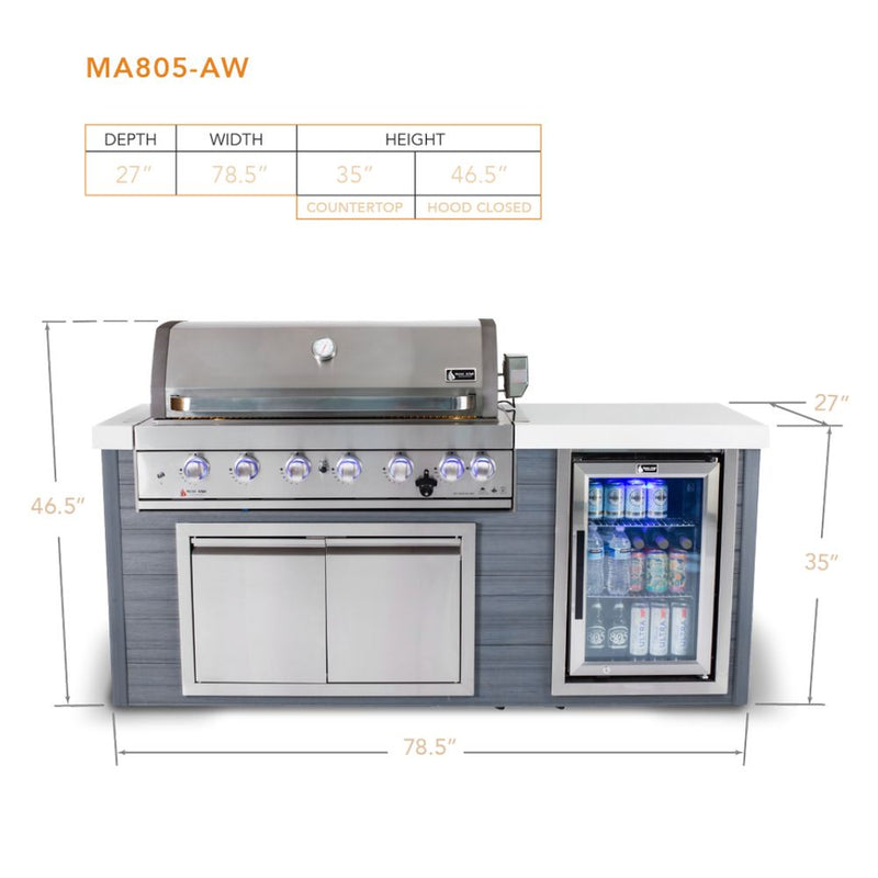 Mont Alpi Stainless Steel 6-Burner Artwood Propane Island with Refrigerator