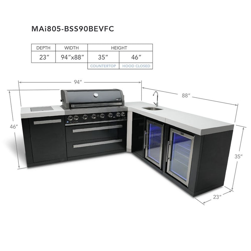 Mont Alpi MAi805-BSS90BEVFC Black, Propane 6-Burner Island with 90-Degree Corner , Beverage Center & Fridge Cabinet