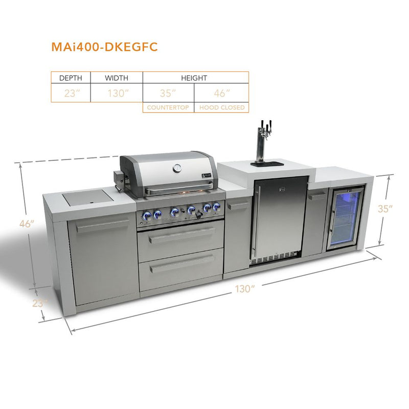 Mont Alpi MAi400-DKEGFC Propane 4-Burner Deluxe Island with Kegerator & Fridge Cabinet