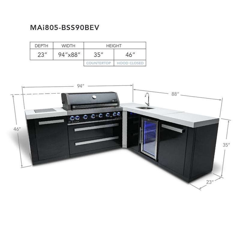 Mont Alpi MAi805-BSS90BEV Black, Propane 6-Burner Island with 90-Degree Corner & Beverage Center