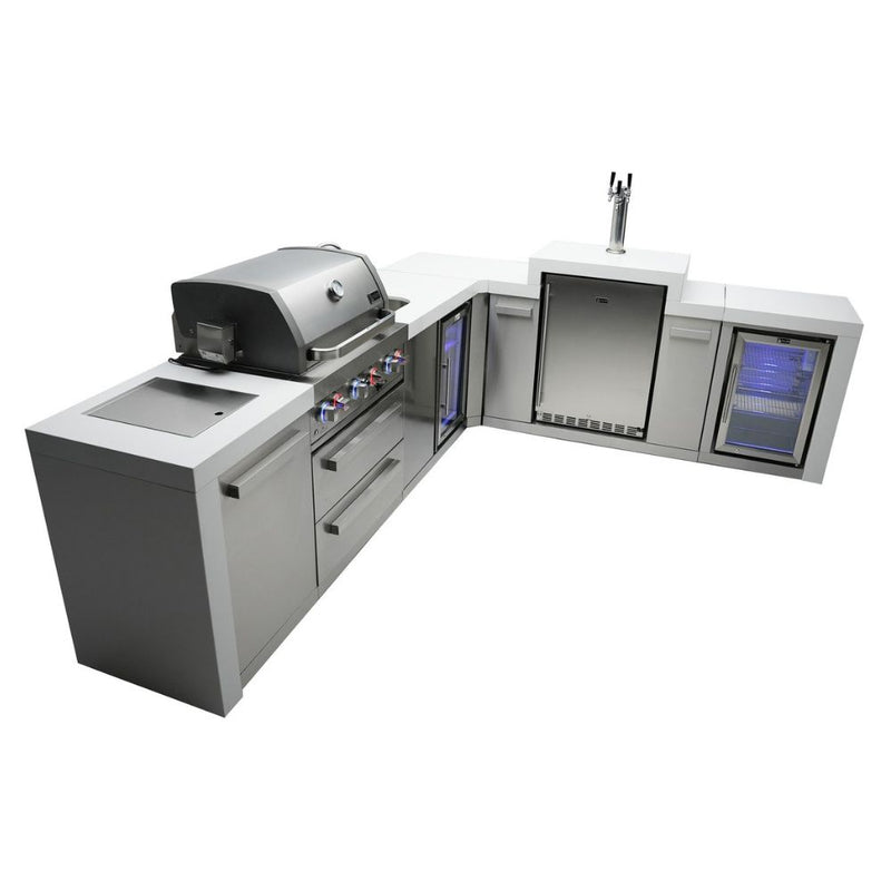 Mont Alpi MAi400-D90KEGBEVFC Propane 4-Burner Deluxe Island with 90-Degree Corner, Kegerator, Beverage Center & Fridge Cabinet