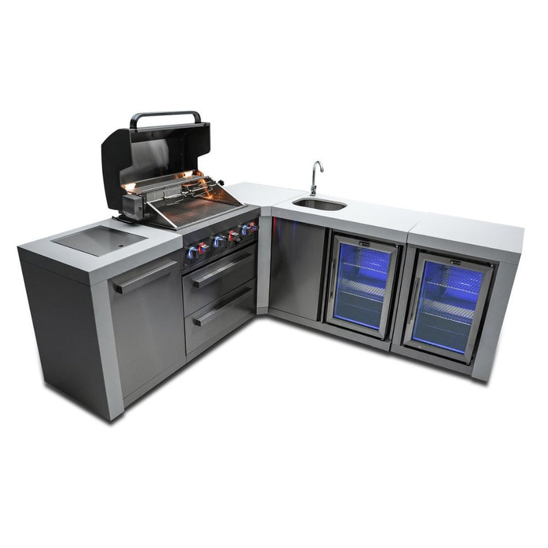 Mont Alpi MAi400-D90BEVFC Propane 4-Burner Deluxe Island with 90-Degree Corner, Beverage Center & Fridge Cabinet