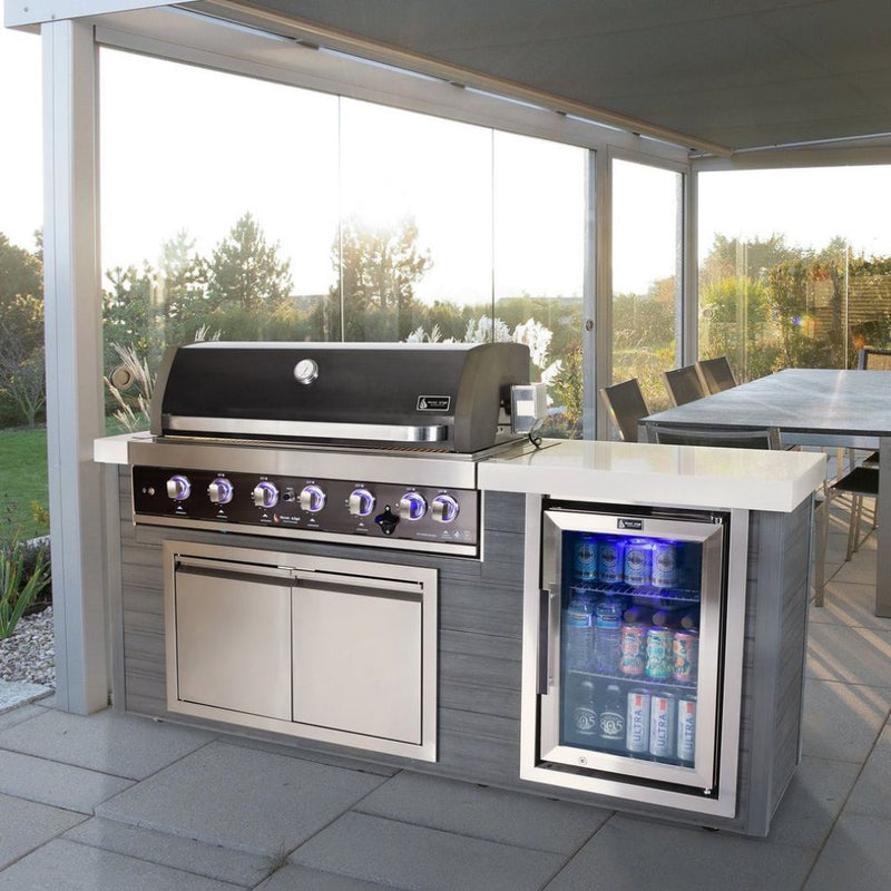 Mont Alpi Stainless Steel 6-Burner Artwood Propane Island with Refrigerator