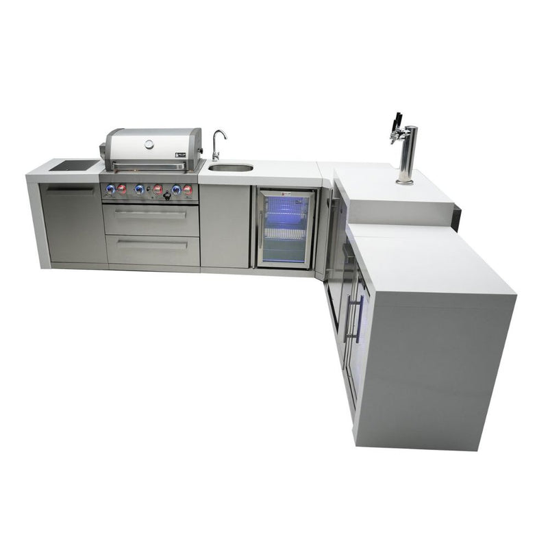 Mont Alpi MAi400-D90KEGBEVFC Propane 4-Burner Deluxe Island with 90-Degree Corner, Kegerator, Beverage Center & Fridge Cabinet