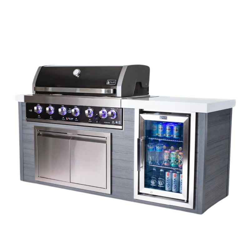 Mont Alpi Stainless Steel 6-Burner Artwood Propane Island with Refrigerator