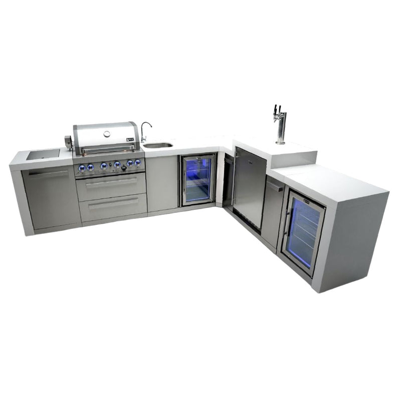 Mont Alpi MAi400-D90KEGBEVFC Propane 4-Burner Deluxe Island with 90-Degree Corner, Kegerator, Beverage Center & Fridge Cabinet