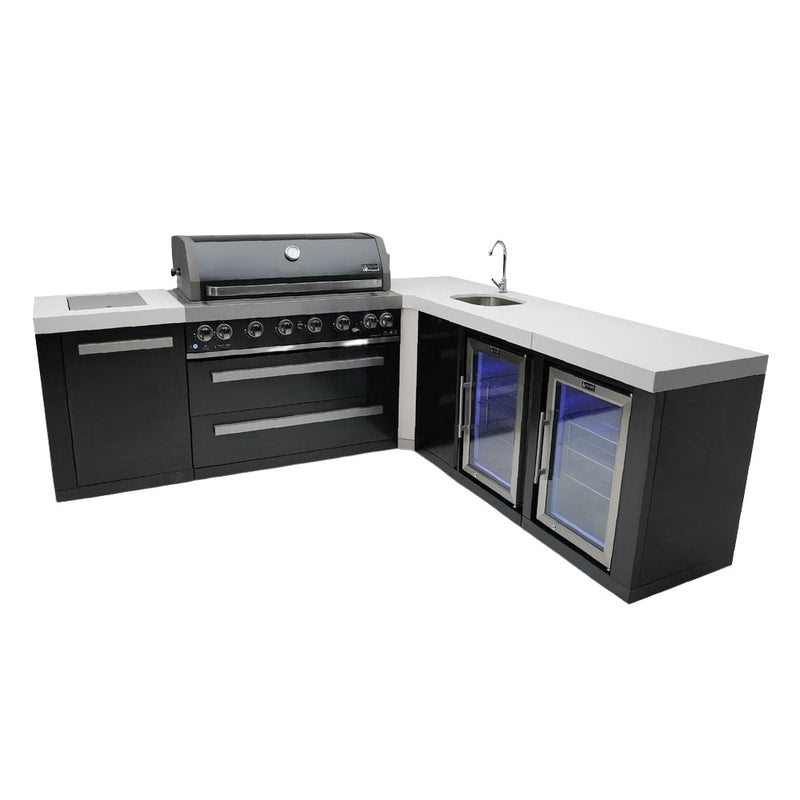 Mont Alpi MAi805-BSS90BEVFC Black, Propane 6-Burner Island with 90-Degree Corner , Beverage Center & Fridge Cabinet