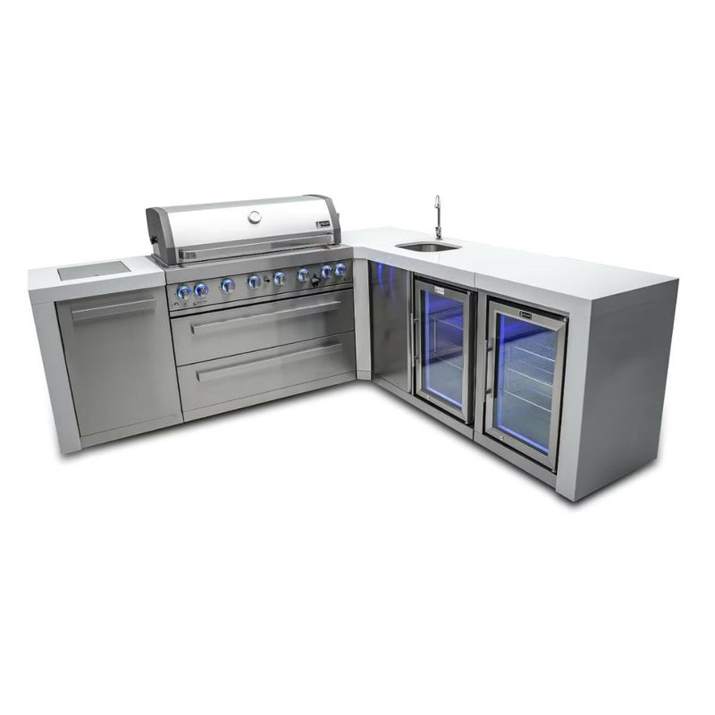 Mont Alpi MAi805-D90BEVFC Propane 6-Burner Deluxe Island with 90-Degree Corner, Beverage Center & Fridge Cabinet