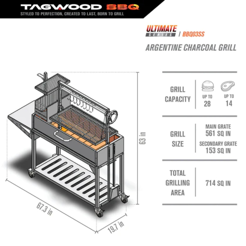 Tagwood BBQ03SS Freestanding Santa Maria Argentine Grill With 6" Casters | GW STORE