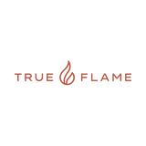 The TRUE FLAME logo in a warm terracotta red color, centered on a light gray background.