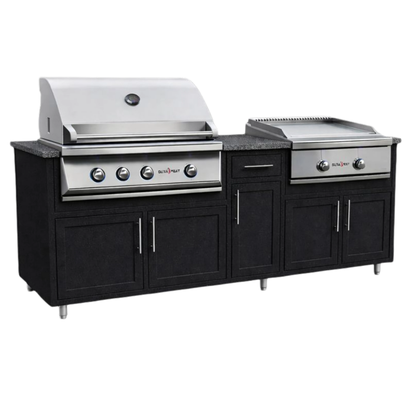 Challenge Designs Coastal 88.25 GDDG Outdoor Kitchen Island w/ Delta Heat 32-Inch Gas Grill & Teppanyaki Grill, Textured Black Cabinet w/ Silver Vein Countertop | GW STORE