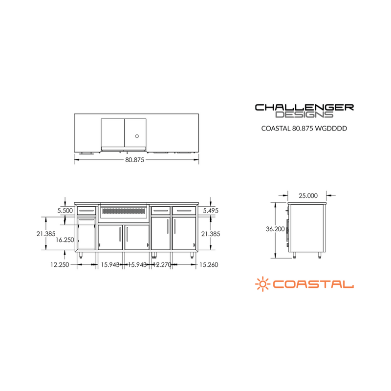 Challenger Designs Coastal 80.875 WGDDDD Powder Coated Aluminium Kitchen Island for 32 Inch Gas Grill with Double Shelf