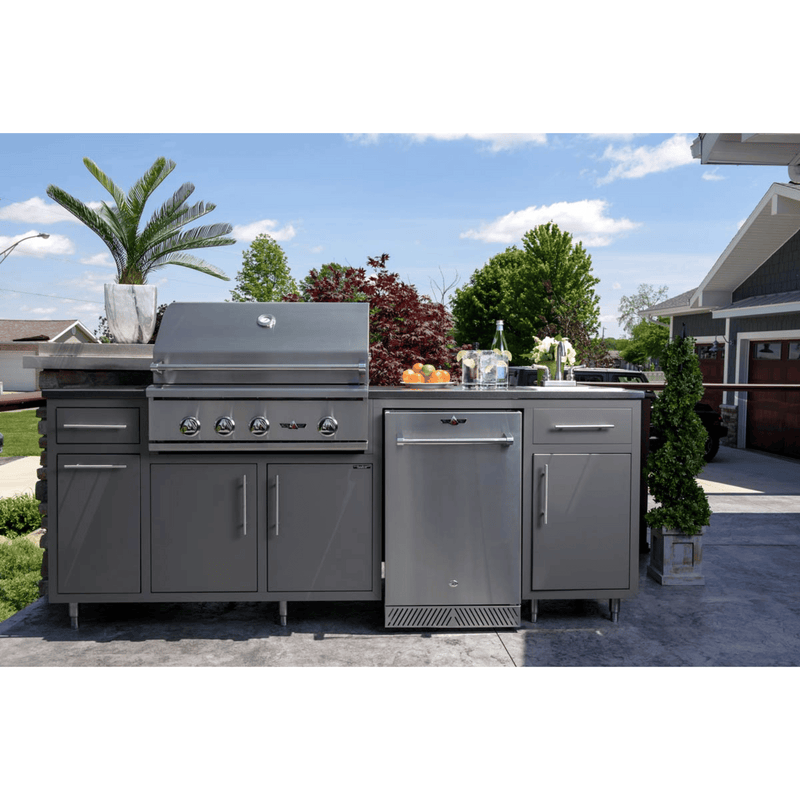 Challenger Designs Coastal 90.125 WGRS Powder Coated Aluminium Kitchen Island for 32 Inch Gas Grill with Refrigerator Opening and Sink Base