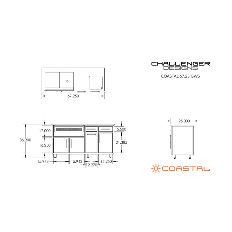 Challenger Designs Coastal 67.25 GWS Powder Coated Aluminum Kitchen Island for 32 Inch Gas Grill with Sink Base