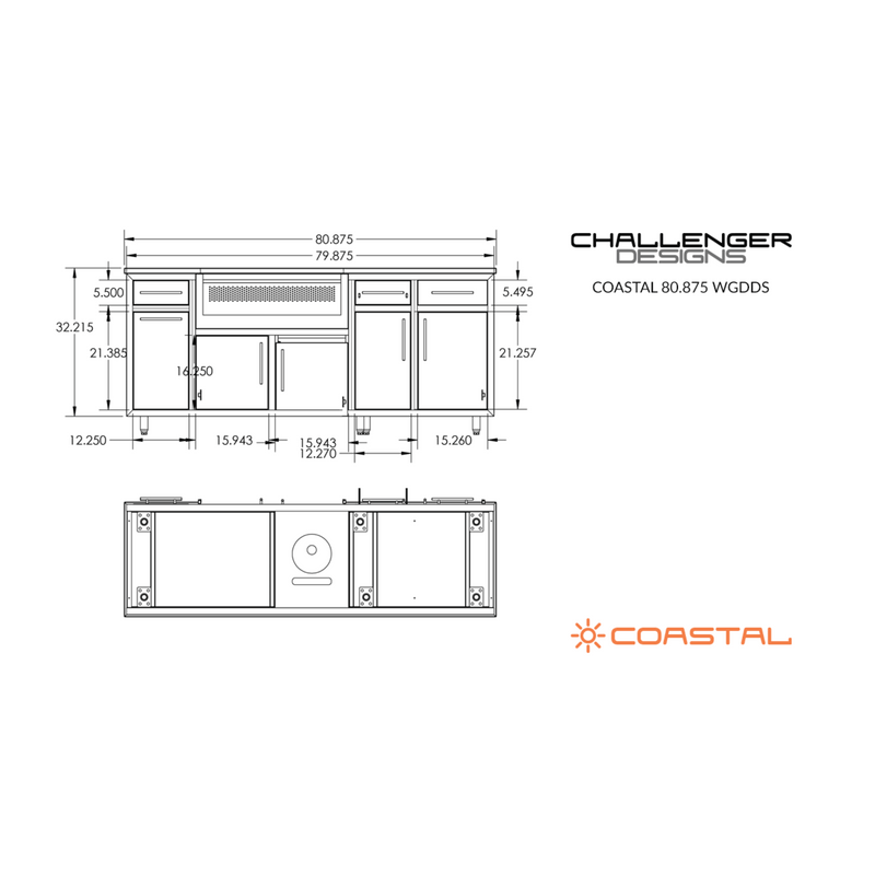 Challenger Designs Coastal 80.875 WGDDS Powder Coated Aluminium Kitchen Island for 32 Inch Gas Grill with Sink Base