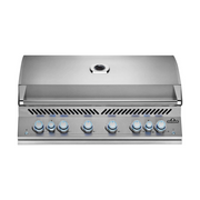 Stainless steel grill with control knobs on a white background