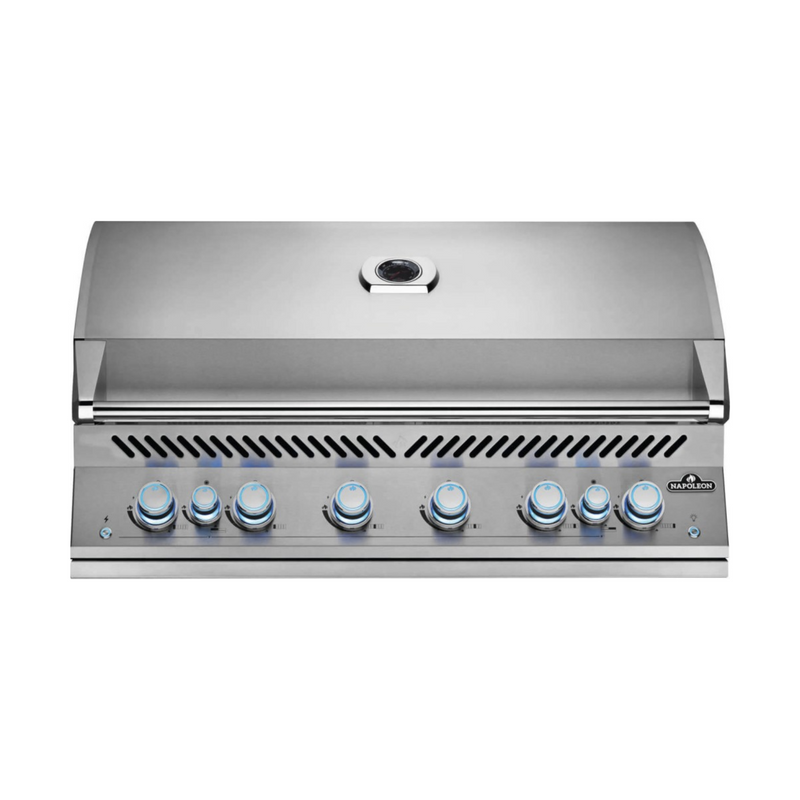 Stainless steel grill with control knobs on a white background