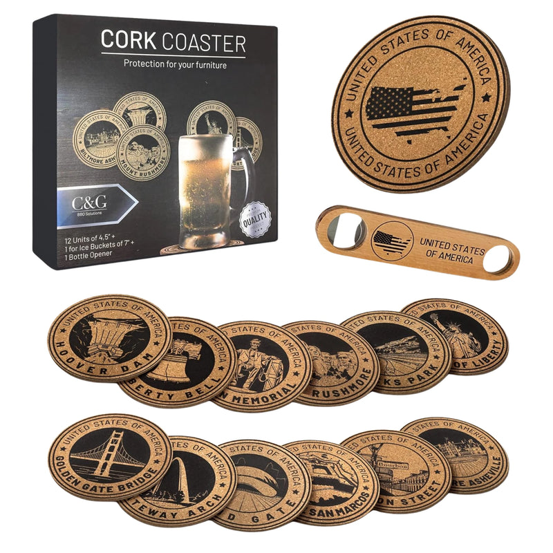 Grillnovations Cork Coasters 14 Piece Set with Ice Bucket and Bottle Opener | GW STORE