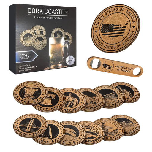 Grillnovations Cork Coasters 14 Piece Set with Ice Bucket and Bottle Opener | GW STORE