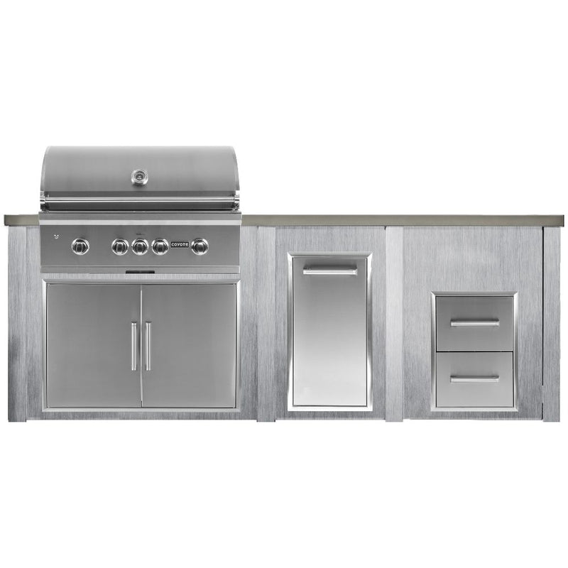 Haven 96-Inch Outdoor Kitchen Island with Trash Center, 2 Drawer Cabinet & Gas Grill