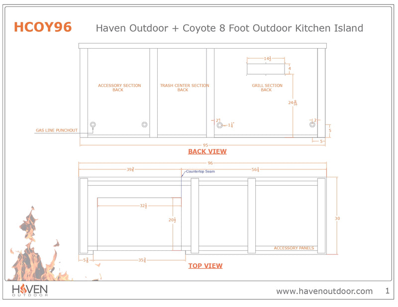 Haven 96-Inch Outdoor Kitchen Island with Trash Center, 24-Inch Refrigerator & Gas Grill