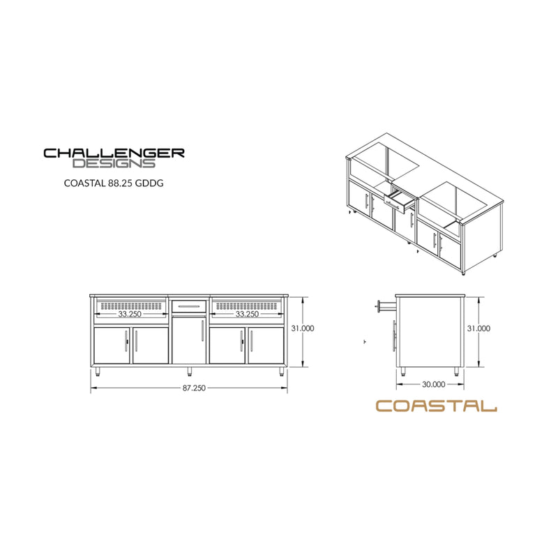 Challenge Designs Coastal 88.25 GDDG Powder Coated Aluminum Kitchen Island for Two 36-Inch Grills | GW STORE