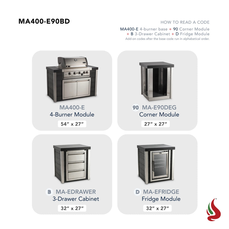 Mont Alpi MA400-E90BD Artwood Elite Series 4-Burner L-Shaped Outdoor Kitchen with Fridge and Drawers | GW STORE