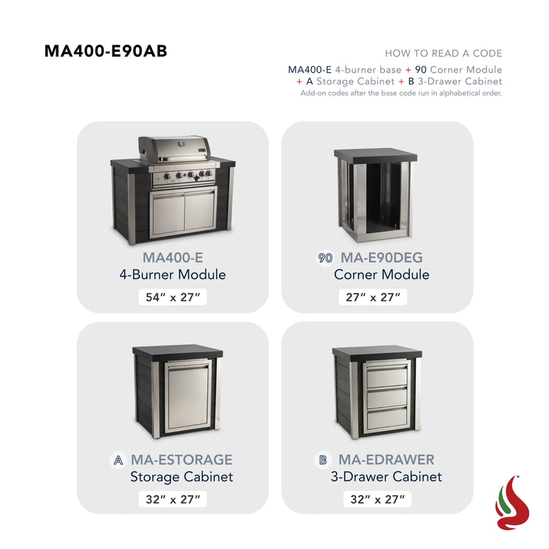 Mont Alpi MA400-E90AB Artwood Elite Series 4-Burner L-Shaped Outdoor Kitchen with Storage and Drawers | GW STORE