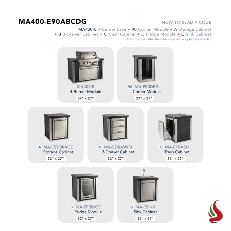 Mont Alpi MA400-E90ABCDG Artwood Elite Series 4-Burner L-Shaped Outdoor Kitchen with Fridge, Sink, Storage, Drawers and Trash | GW STORE