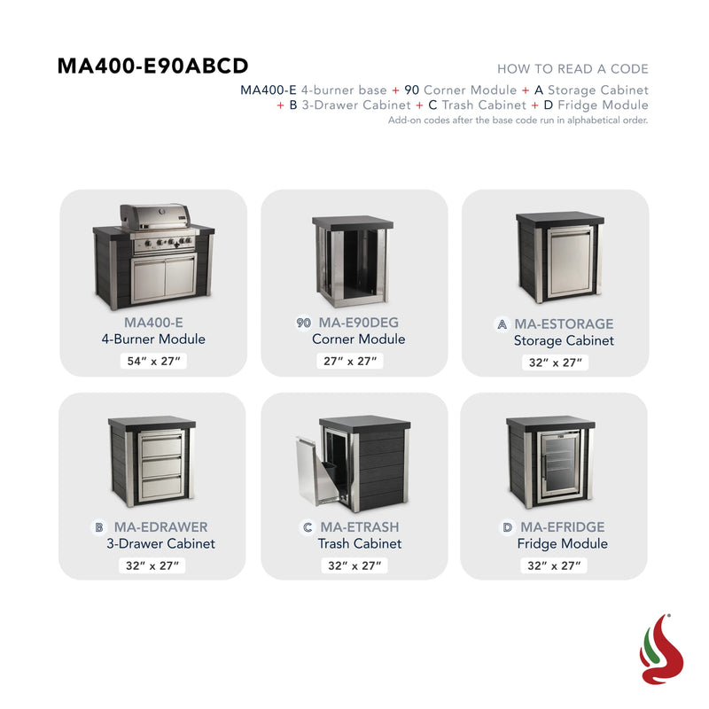 Mont Alpi MA400-E90ABCD Artwood Elite Series 4-Burner L-Shaped Outdoor Kitchen with Fridge, Storage, Drawers and Trash | GW STORE