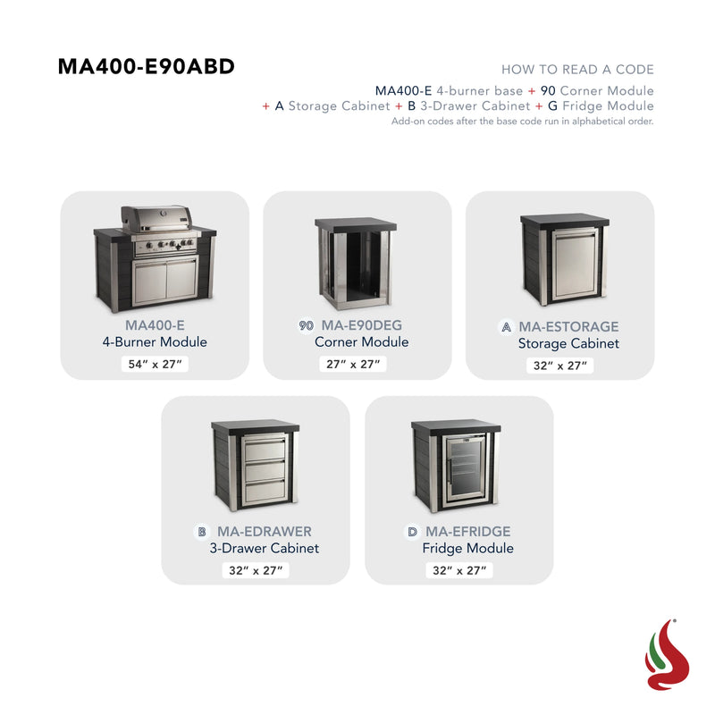 Mont Alpi MA400-E90ABD Artwood Elite Series 4-Burner L-Shaped Outdoor Kitchen with Fridge, Storage and Drawers | GW STORE