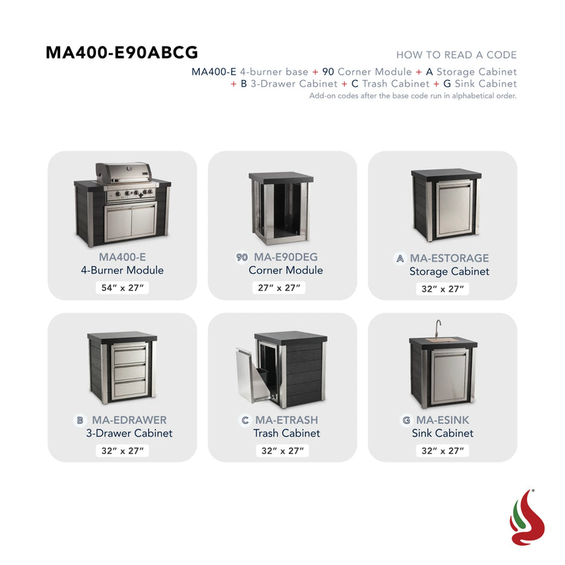 Mont Alpi MA400-E90ABCG Artwood Elite Series 4-Burner L-Shaped Outdoor Kitchen with Sink, Storage, Drawers and Trash | GW STORE