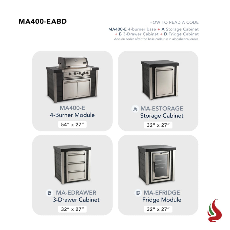 Mont Alpi MA400-EABD Artwood Elite Series 4-Burner Outdoor Kitchen with Fridge, Storage and Drawers | GW STORE