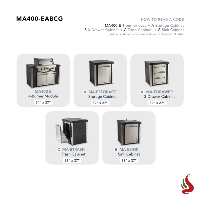 Mont Alpi MA400-EABCG Artwood Elite Series 4-Burner Outdoor Kitchen with Sink, Storage, Drawers and Trash | GW STORE