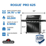 Napoleon Rogue PRO 625 SIB Black Freestanding Gas Grill w/ Infrared Side Burner | GW STORE