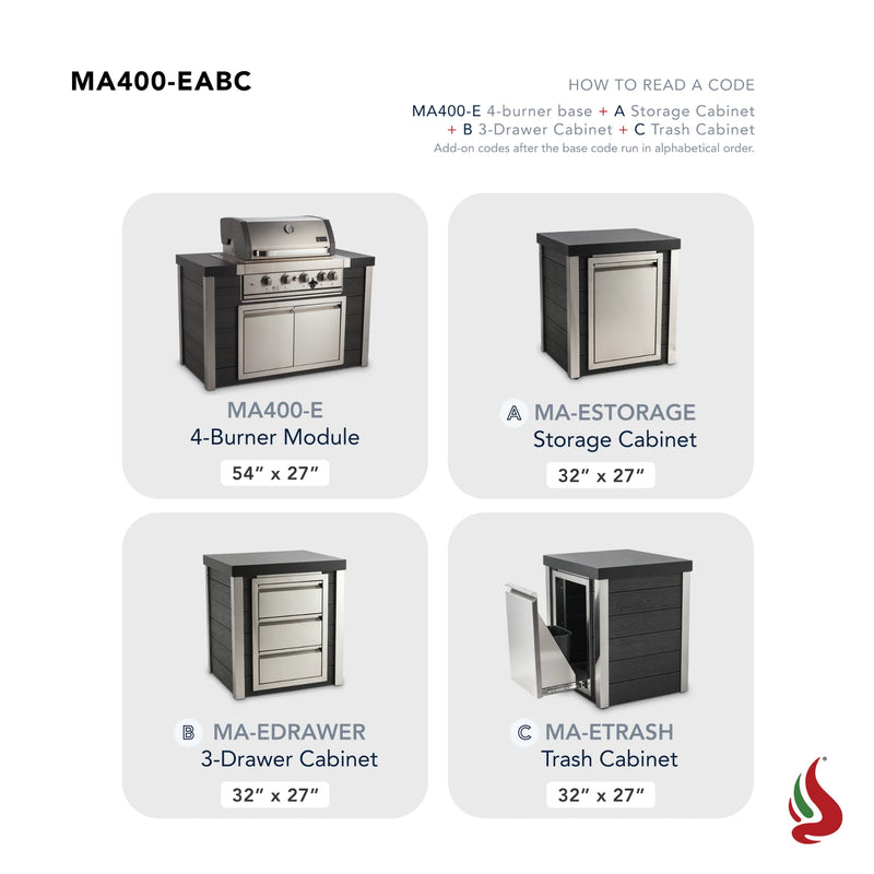 Mont Alpi MA400-EABC Artwood Elite Series 4-Burner Outdoor Kitchen with Storage, Drawers and Trash | GW STORE