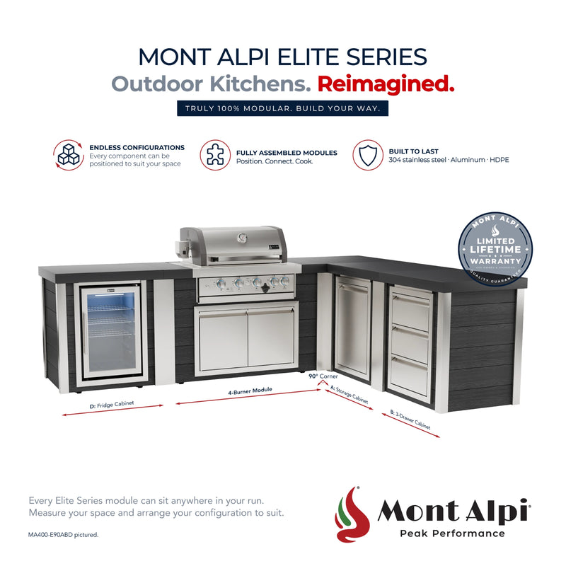 Mont Alpi MA400-E90ABD Artwood Elite Series 4-Burner L-Shaped Outdoor Kitchen with Fridge, Storage and Drawers | GW STORE