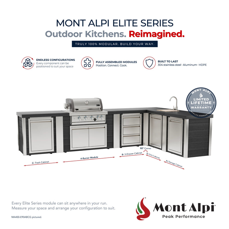 Mont Alpi MA400-E90ABCG Artwood Elite Series 4-Burner L-Shaped Outdoor Kitchen with Sink, Storage, Drawers and Trash | GW STORE