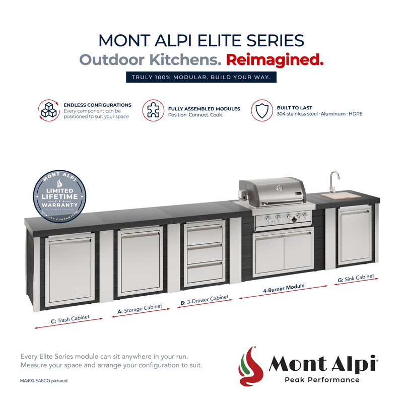 Mont Alpi MA400-EABCG Artwood Elite Series 4-Burner Outdoor Kitchen with Sink, Storage, Drawers and Trash | GW STORE