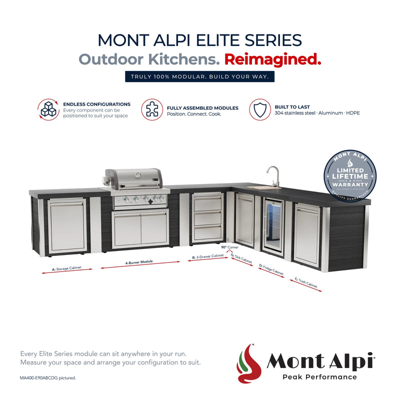 Mont Alpi MA400-E90ABCDG Artwood Elite Series 4-Burner L-Shaped Outdoor Kitchen with Fridge, Sink, Storage, Drawers and Trash | GW STORE