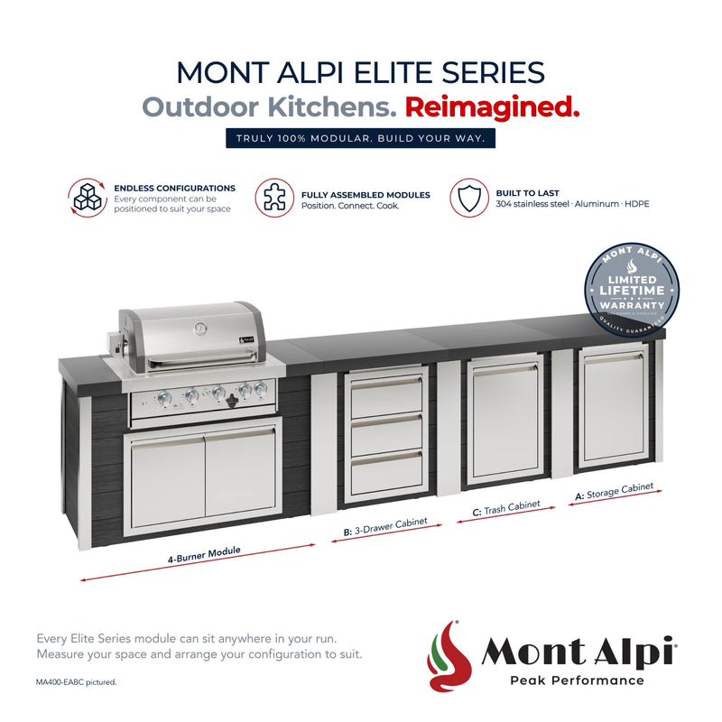 Mont Alpi MA400-EABC Artwood Elite Series 4-Burner Outdoor Kitchen with Storage, Drawers and Trash | GW STORE